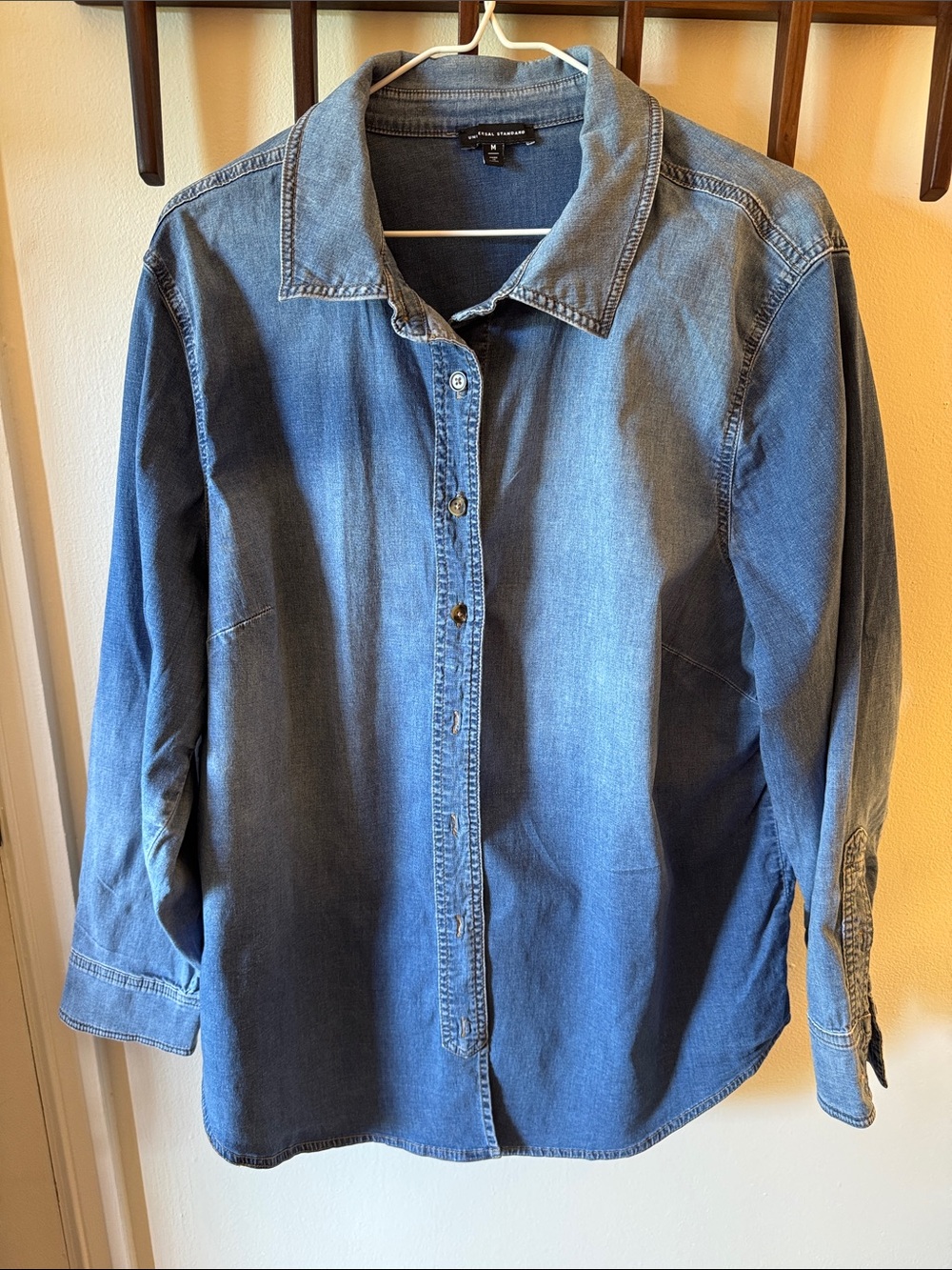 Universal Standard Denim Button-Down Shirt - Medium Blue - Hidden Snaps at Bust